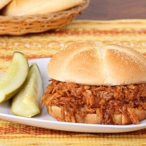 Pulled pork BBQ sandwich with pickles